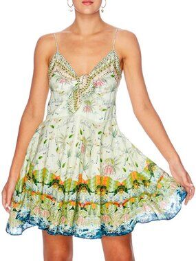 Camilla Sundowners Short Linen Dress With Tie Front Size XS NWT b162